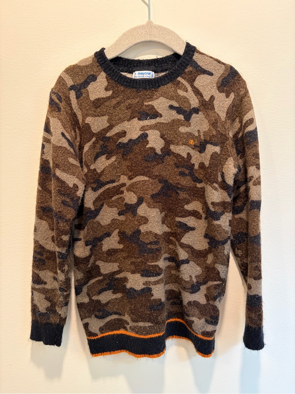 Mayoral Camo Crewneck Sweater in Brown, Tan & Black with Orange Trim